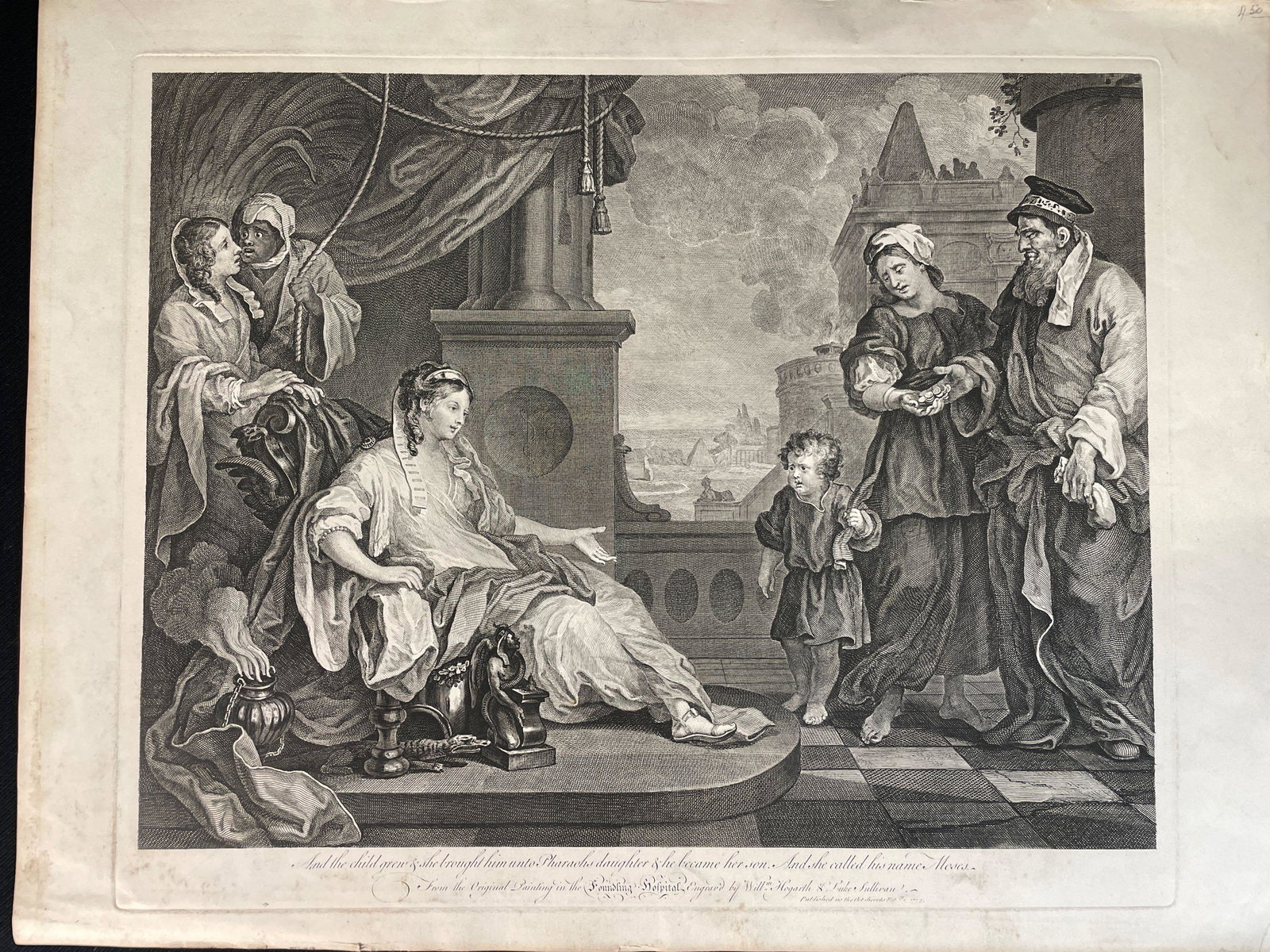 The Foundling Moses is brought to Pharaoh's Daughter. Engraving by W. Hogarth and L. Sullivan, 1752: Sight View 15" x 19-3/4" , Overall View 19" x 25"