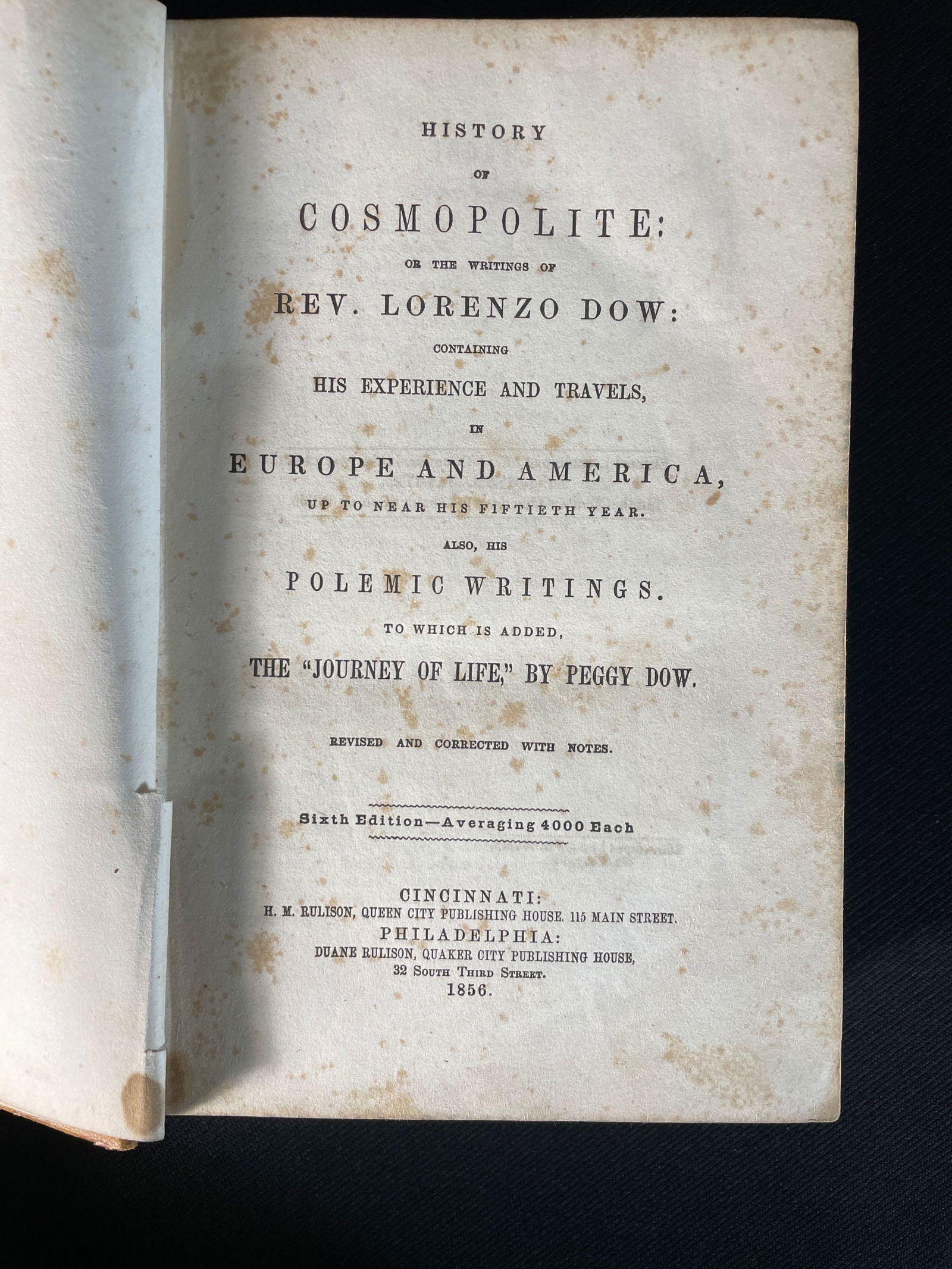 Dow, Rev. Lorenzo,(American, 1777-1834), "History of Cosmopolite", 6th Edition (1 of 3)