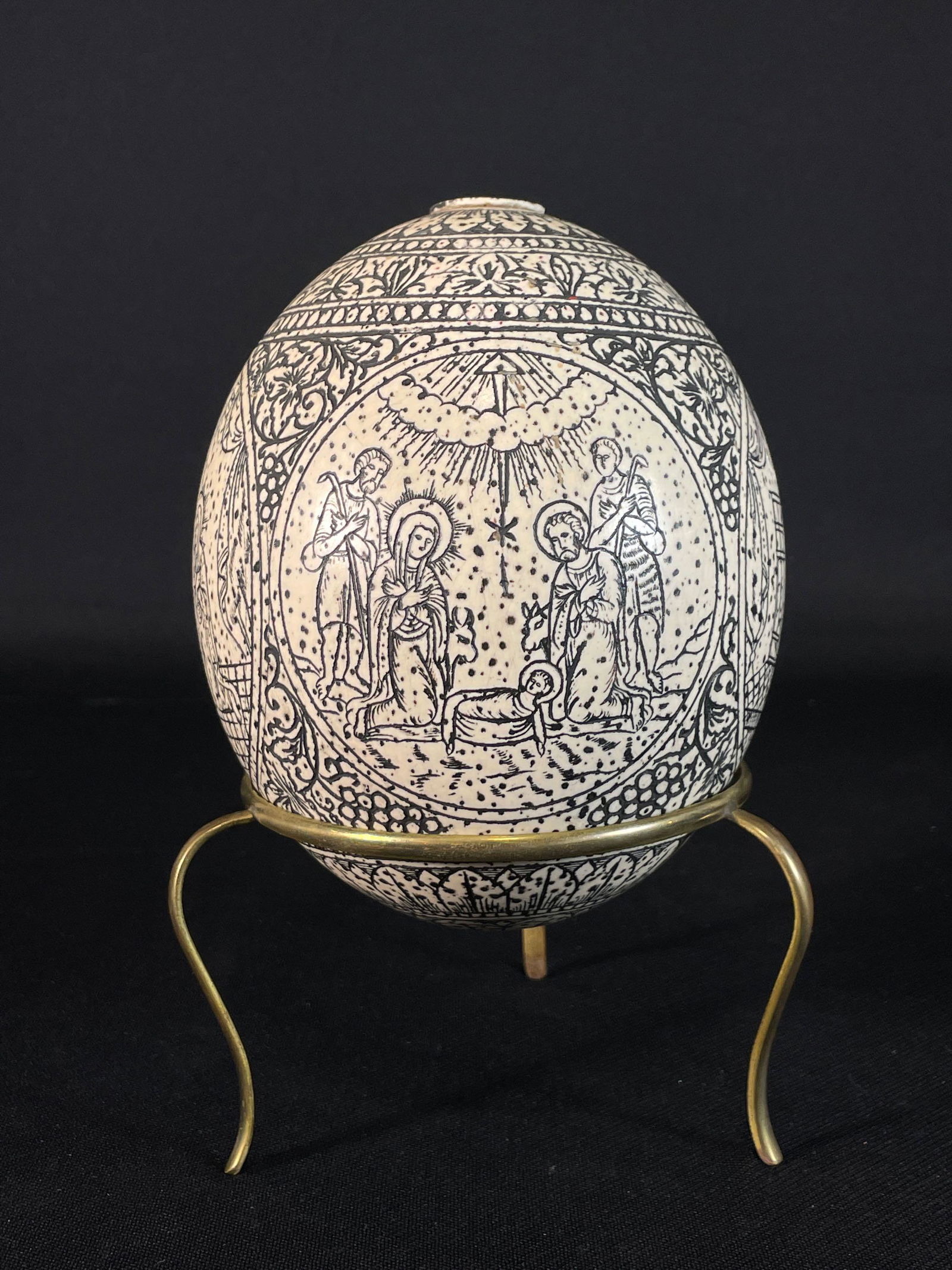 Scrimshawed Ostrich Egg w/ Biblical Scenes, Includes Stand (1 of 6)