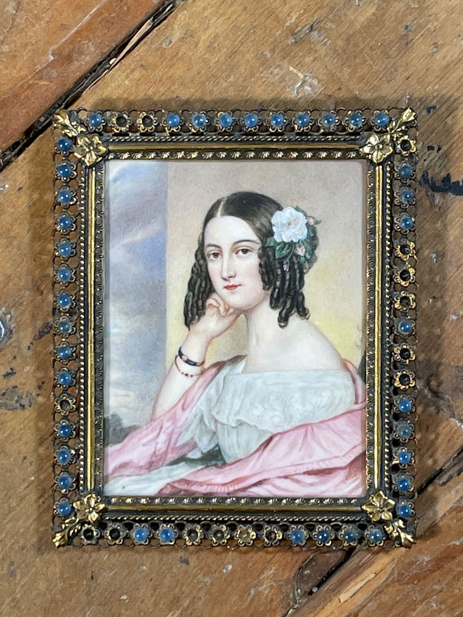 Karl Von Saar (Austrian, 1797-1853) Miniature Portrait Of Lady On Ivory w/ Frame Inset Chalcedony (1 of 3)