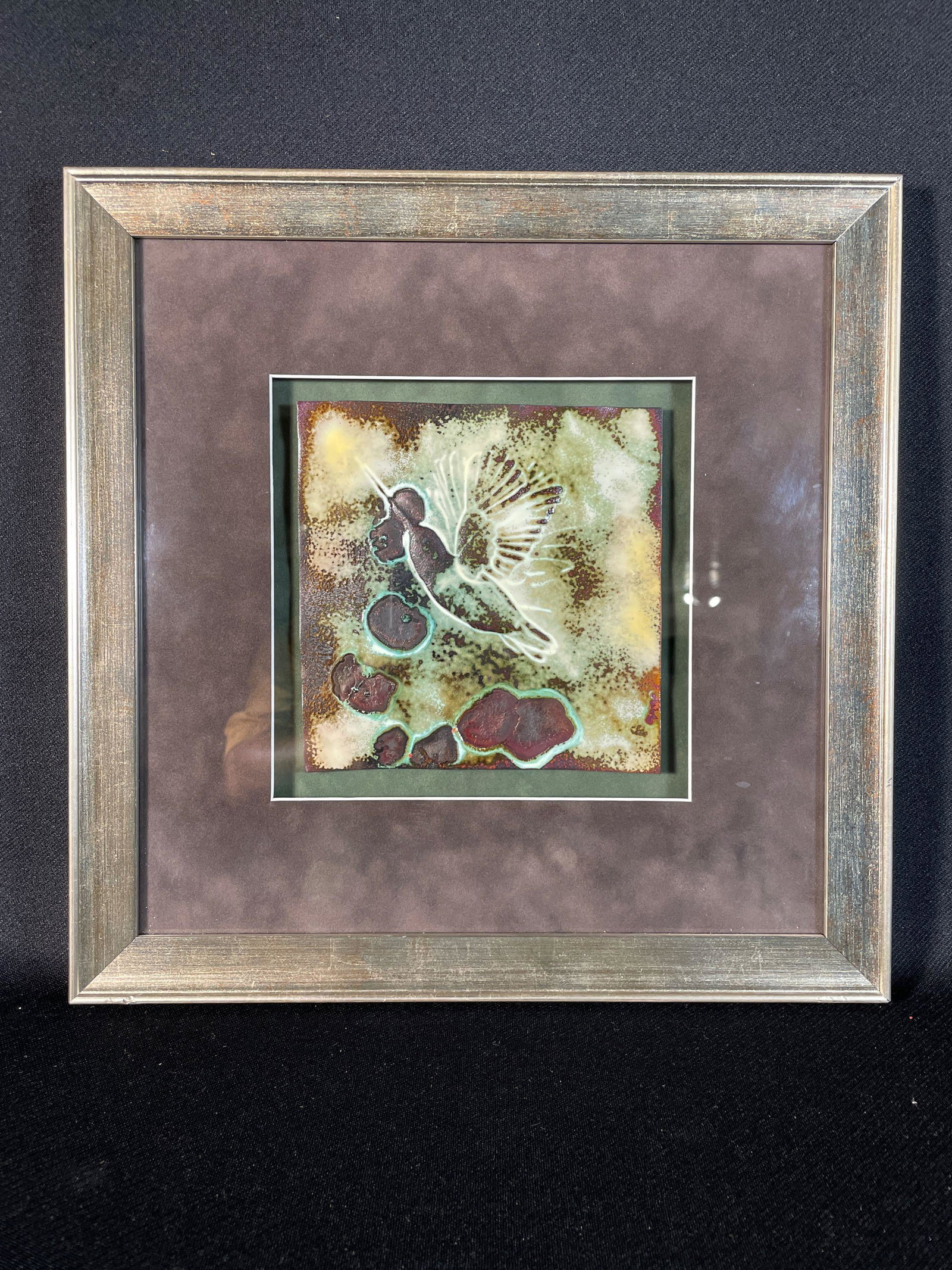 Humming Bird Metal on Enamel 6" x 6" Tile, Framed: Sight View 6" x 6", Overall View 13-1/4" x 13-1/4"