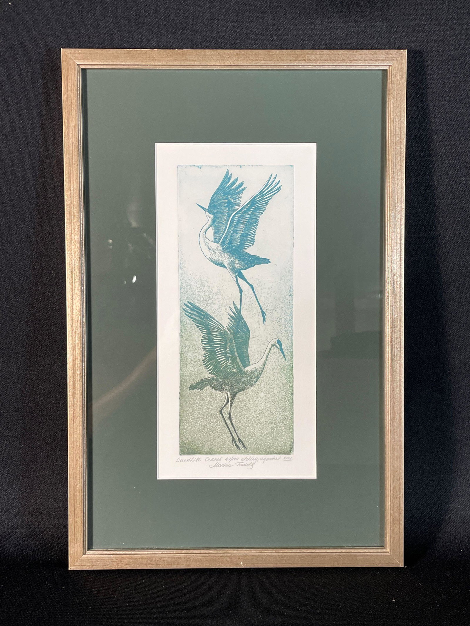 Marina Terauds (Europe/ American 1961-) 2013 "Sandhill Cranes" Signed and #43/100: Sight View 10" x 4" , Overall View 17-1/4" x 11-3/8"