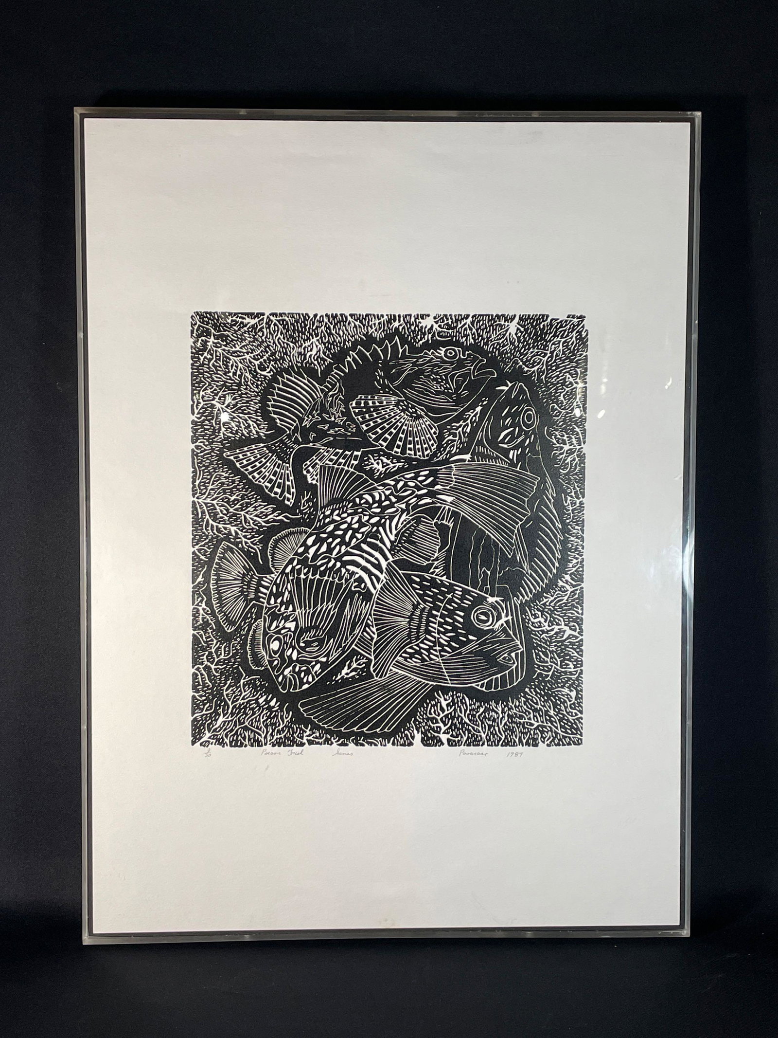 Pooaraar aka Bevan Hayward (Australia 1939-2004) "Poison Fish" 1987 Signed # 9/30: Sight View 16" x 14-1/2", Overall View 30-1/2" x 22-3/4"