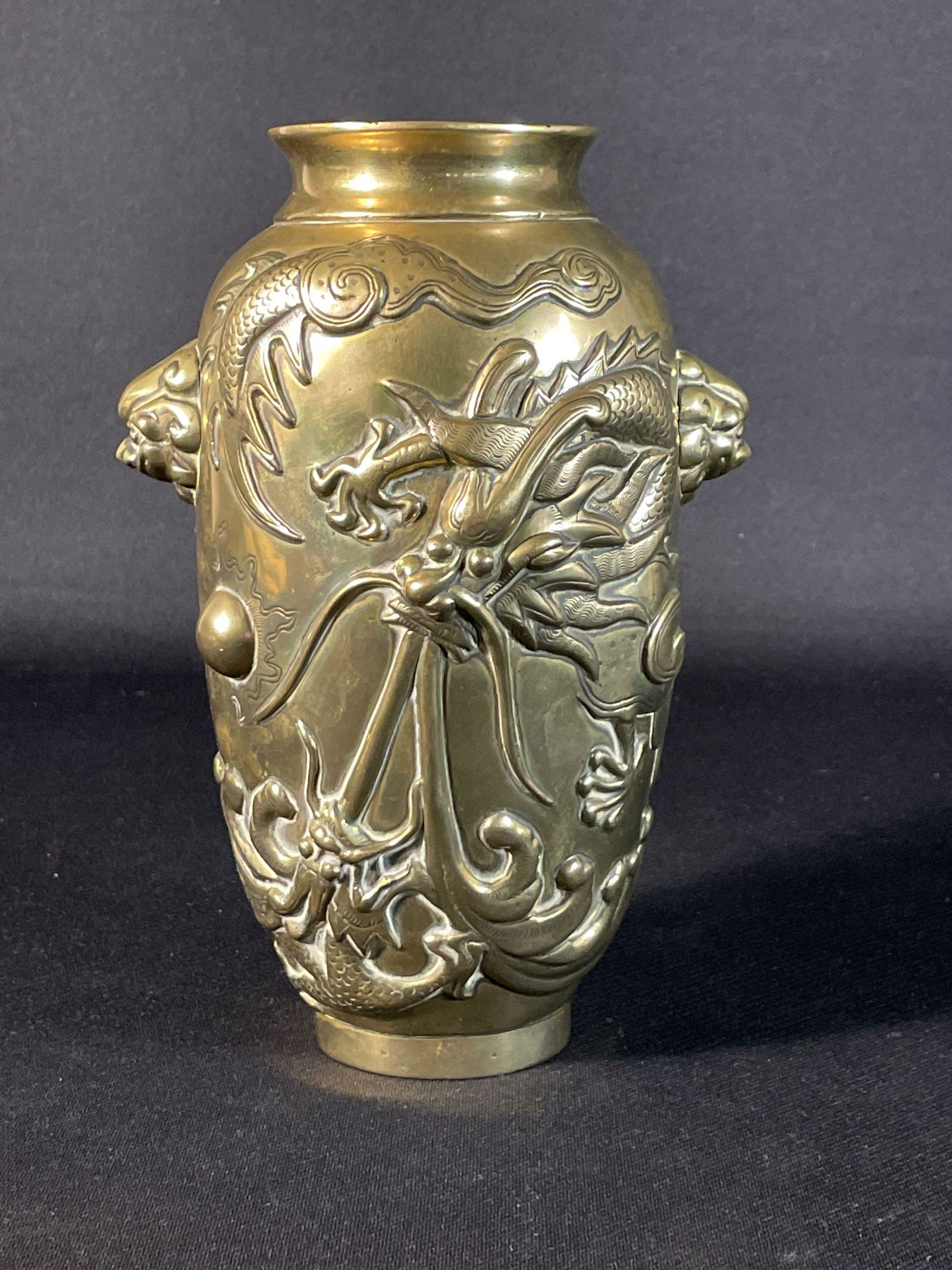 Chinese Brass Vase depicting a Dragon W/ Makers Mark on Bottom 9" Tall (1 of 4)