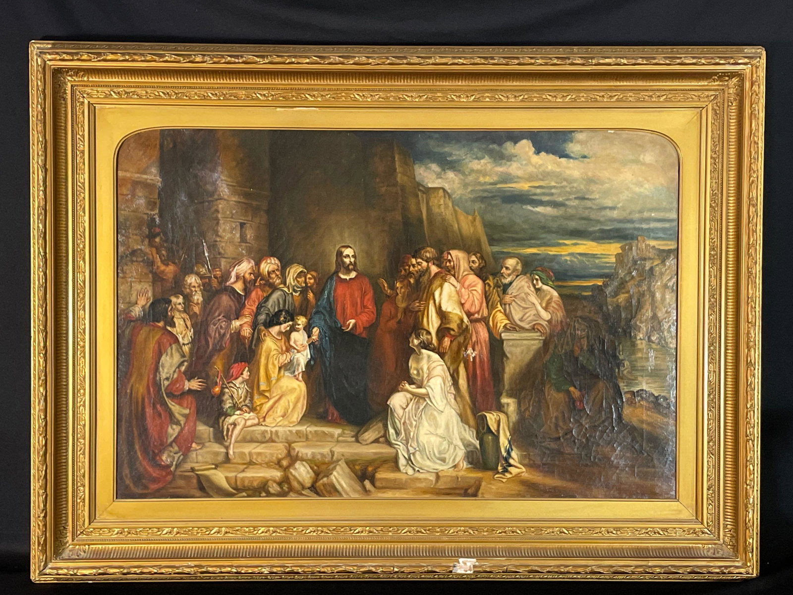 After Robert Scott Lauder (United Kingdom 1803-1869) "Christ Teacheth Humility": Sight View 23" x 36", Overall View 34" x 46",Oil on Canvas, Back side of canvas bares the following: "Scot Lauder WMW 1877"
