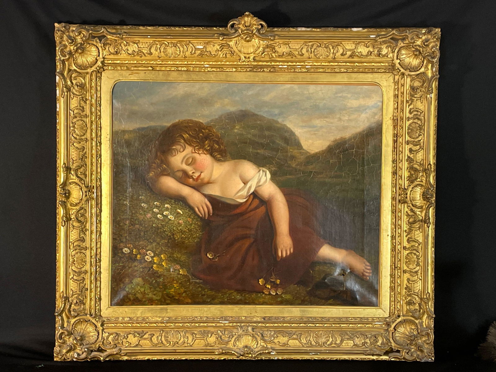Sleeping Child Unsigned Painting w/ Ornate Gilt Frame (1 of 9)