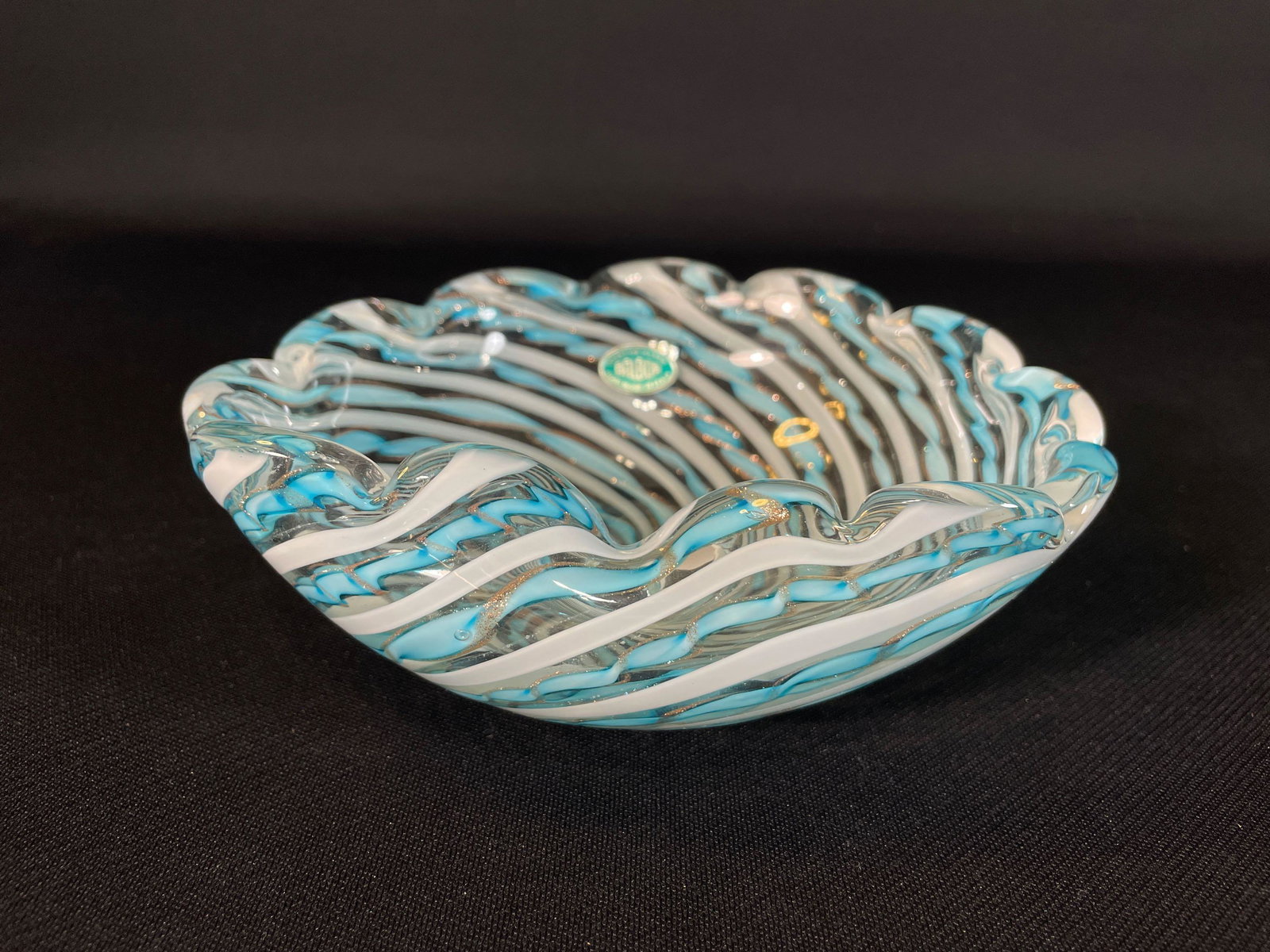 Balboa Venetian Art Glass Bowl Crimped Rim Hand Made In Italy: 6-3/4" Dia x 2-3/"h, Twisted Rods In Blue White & Gold w/ Swirl Design, w/ Original Company Tag