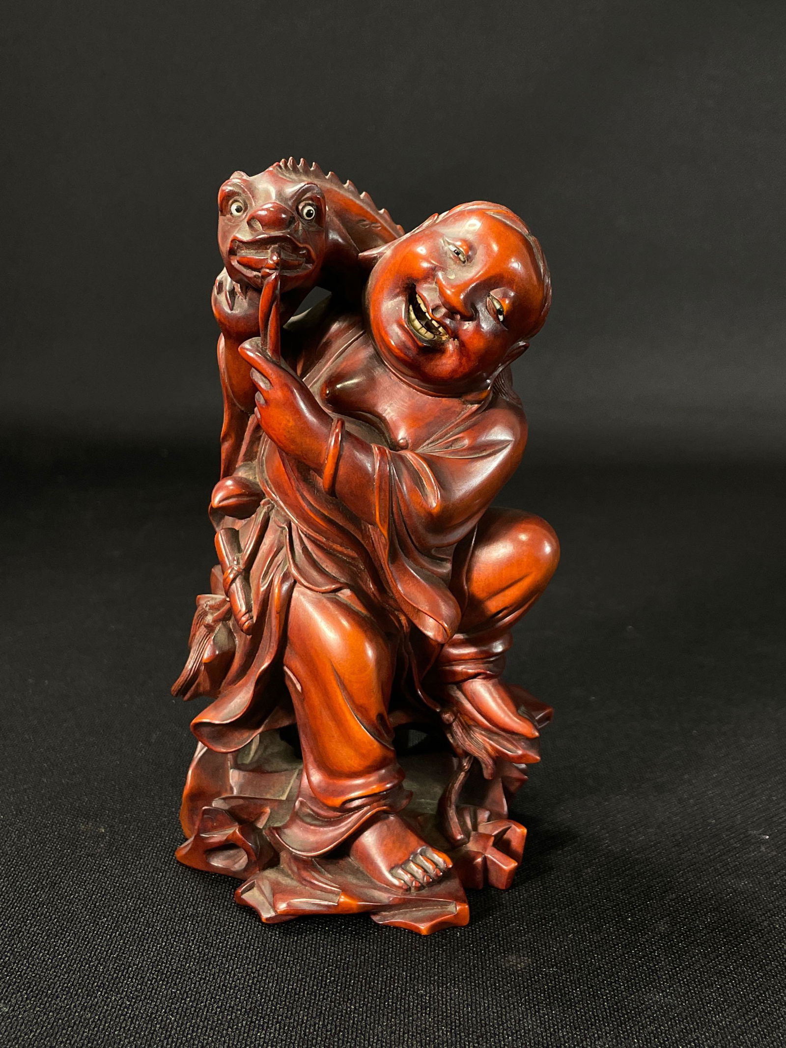 Chinese Wood Carving Of Liu Hai & His 3-Legged Toad (Buddhism Money God): 6" tall, Inlaid Eyes & Teeth w/ Ivory & Stone