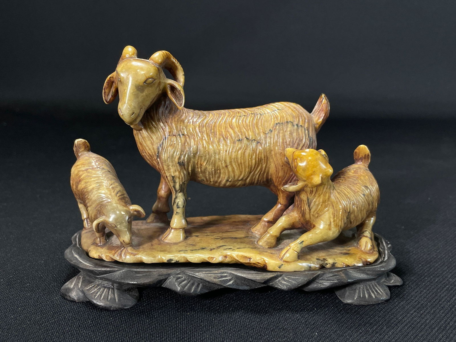 Soapstone Carving Of Billy Goats Signed On Underside Chinese w/ Stand (1 of 4)