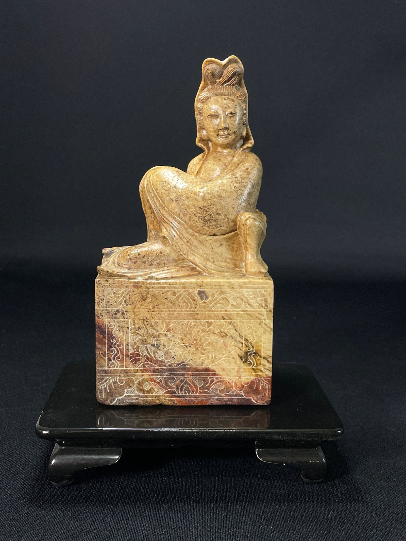 Chinese Soapstone Seal Of Guanyin w/ Stand: 7"H x 4"W