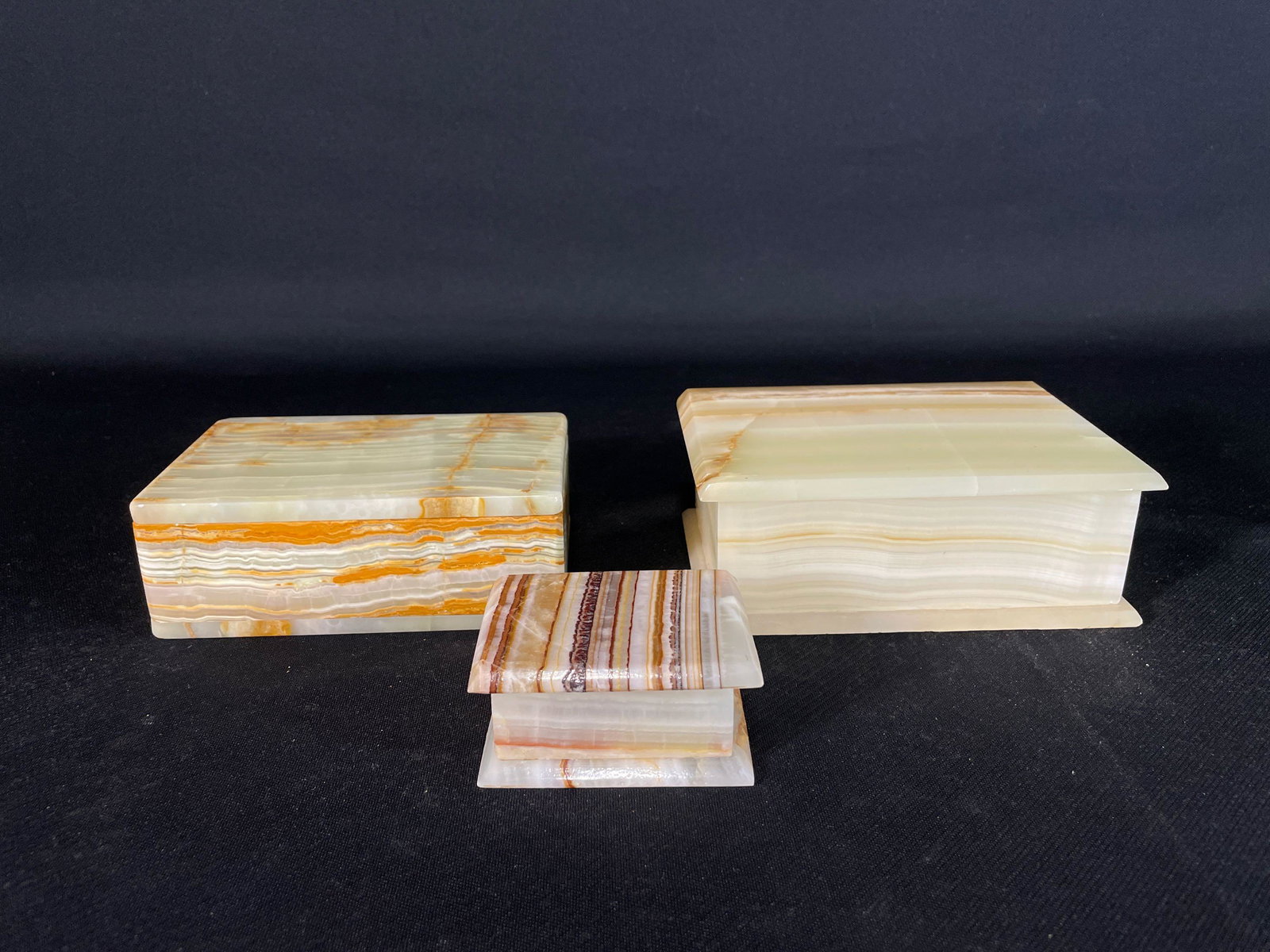 (3) Alabaster Hinged Trinket/ Jewelry Boxes: (1) 1-1/2" x 3-1/4" x 2" (1) 2" x 6" x 4" (1) 2-1/2" x 6-1/2" x 4-1/2"
