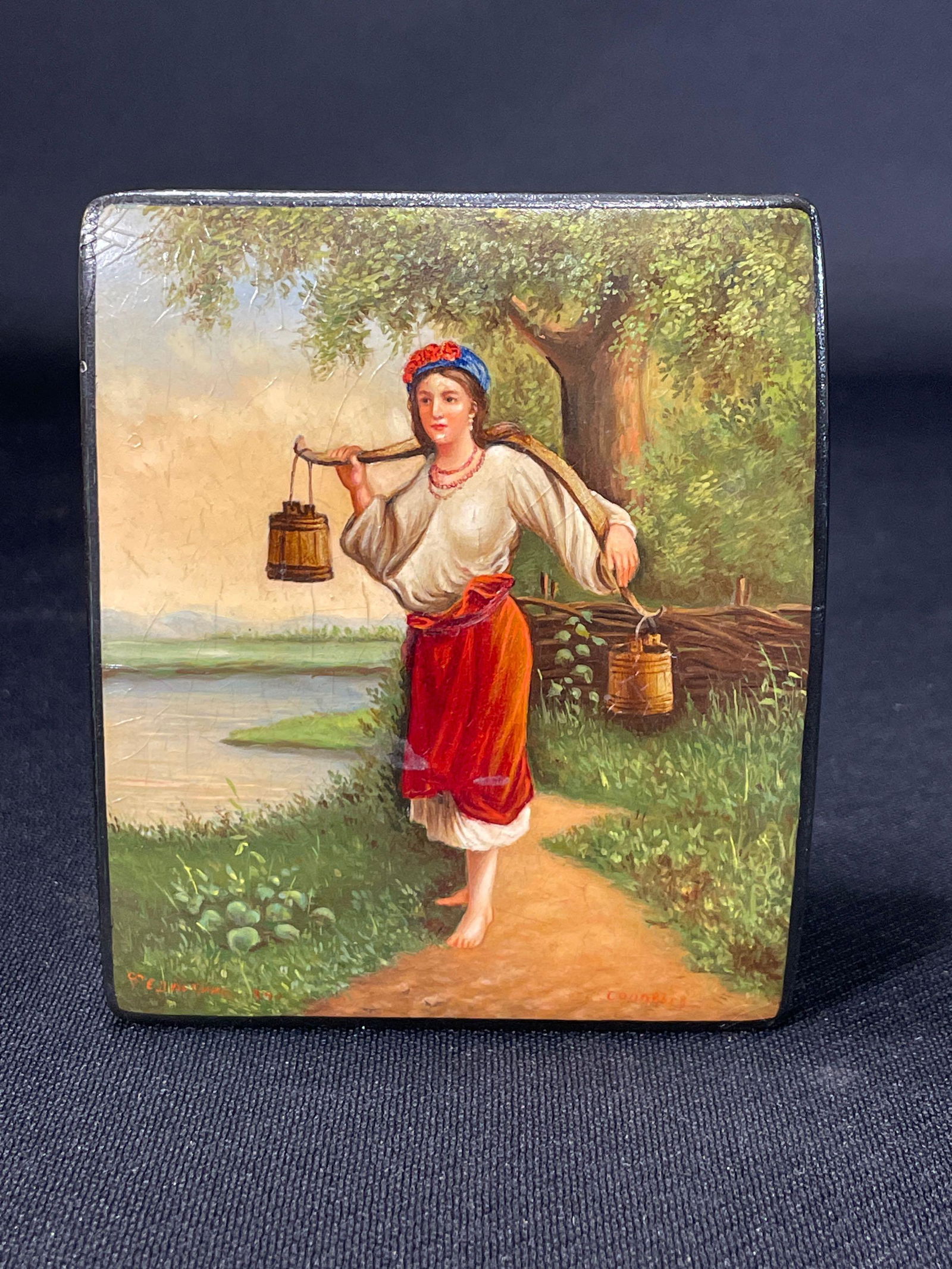 Fedoskino Signed LL Hand Painted Depicting Lady Carrying Water Made In The Soviet Union Lacquer Box (1 of 4)