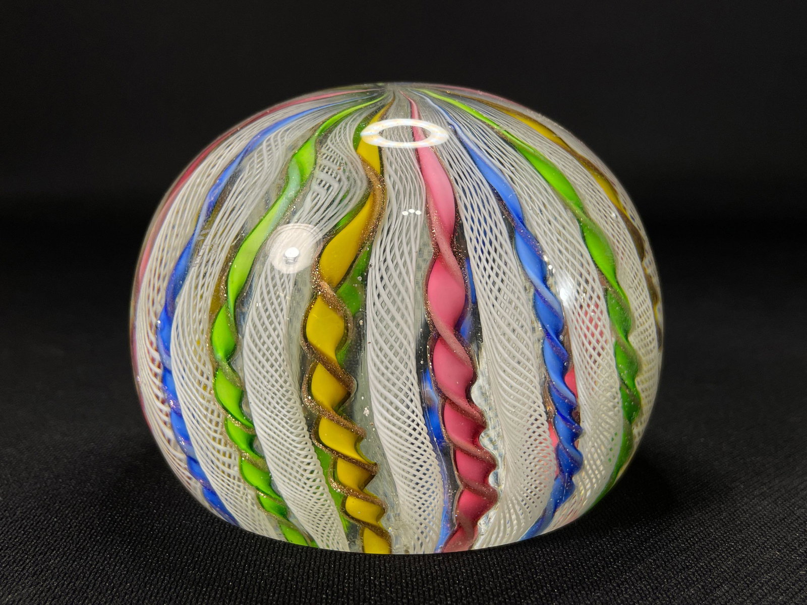 Murano Italy Art Glass Paperweight w/ Lace & Ribbon Design: 4-1/4"dia x 3"