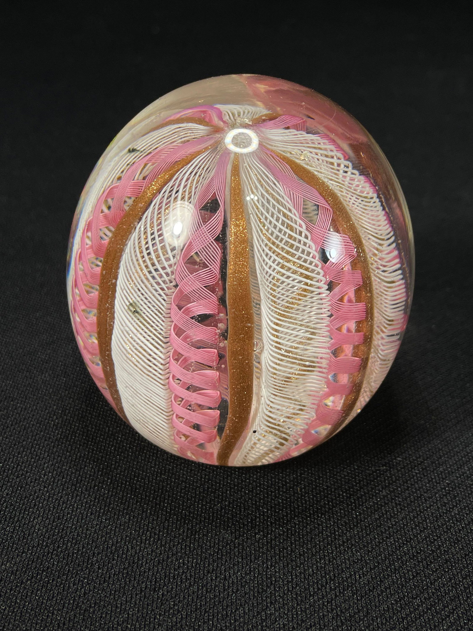 Art Glass Paperweight Likely Murano w/ Lace & Ribbon Design: 3"dia x 3"h