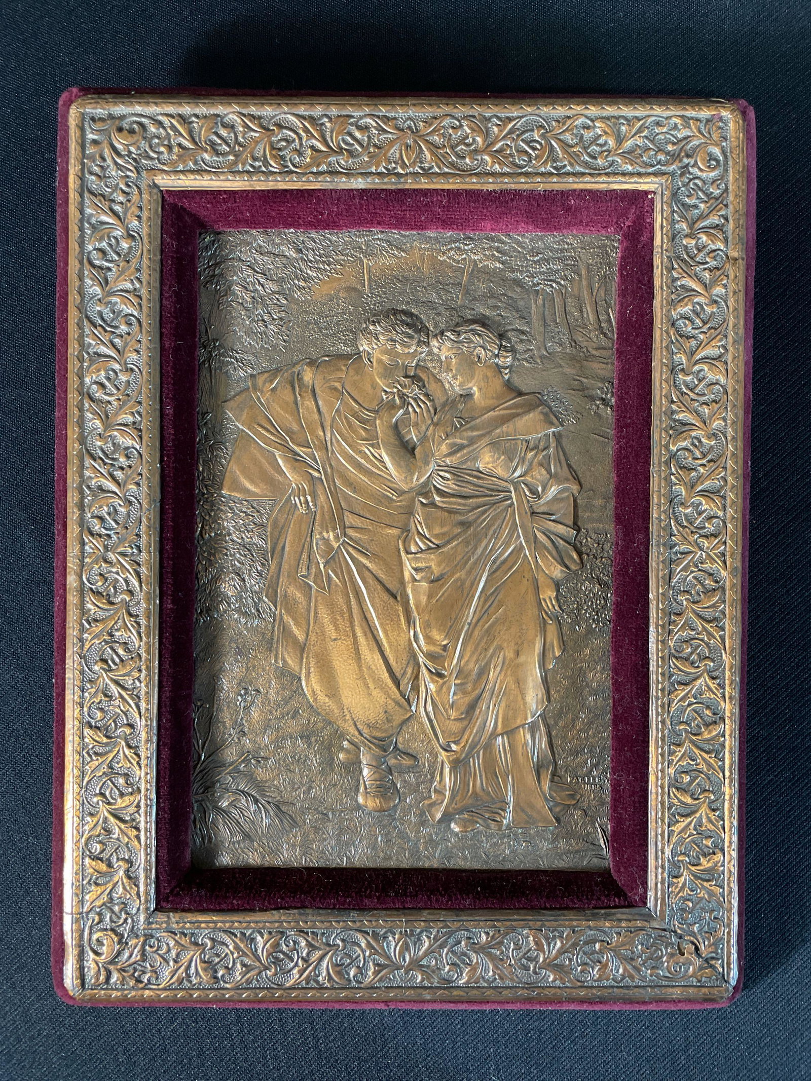 Hyman, Embossed Copper Picture Depicting Lady & Gentleman Smelling A Flower: Pat. Feb. 1885, 9" x 5-1/2" Sight View, 12" x 9" Overall View