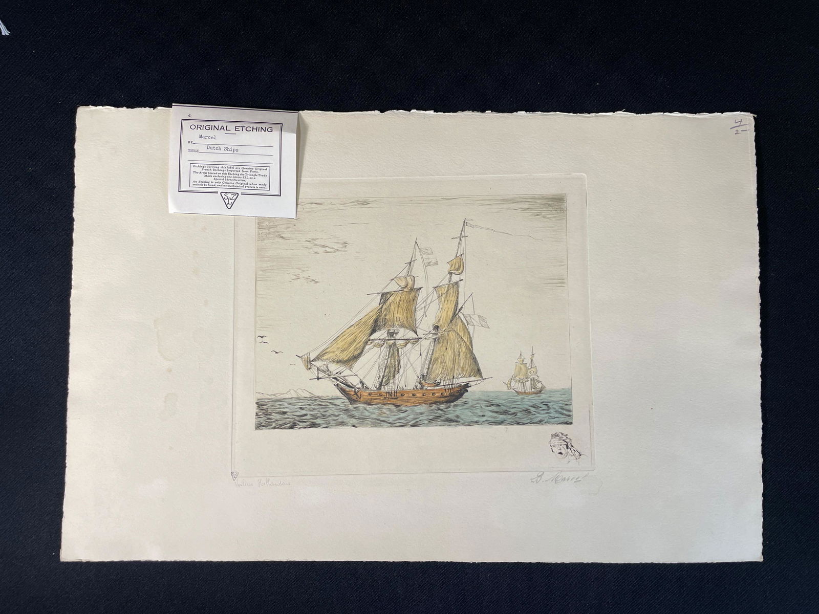 Marcel(French) "Dutch Ships", Hand Colored Original Etching Issued By Sidney Z. Lucas Unframed (1 of 5)