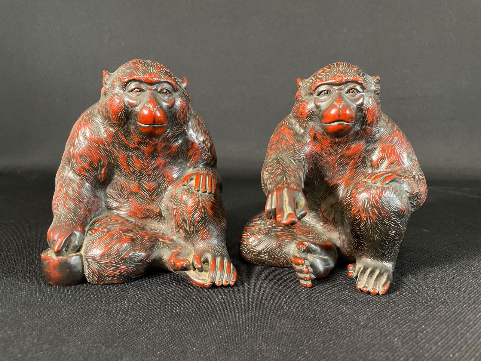 (2) Lacquer Ware Figural Monkeys 6" Tall: ...