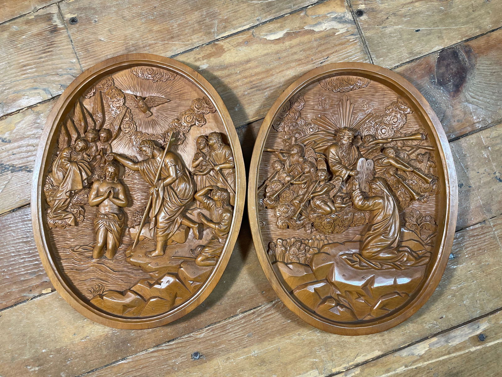 (2) Oval Carving In Relief Depicting Moses Receiving The 10 Commandments & The Baptism Of Christ: 15-3/8" x 12"