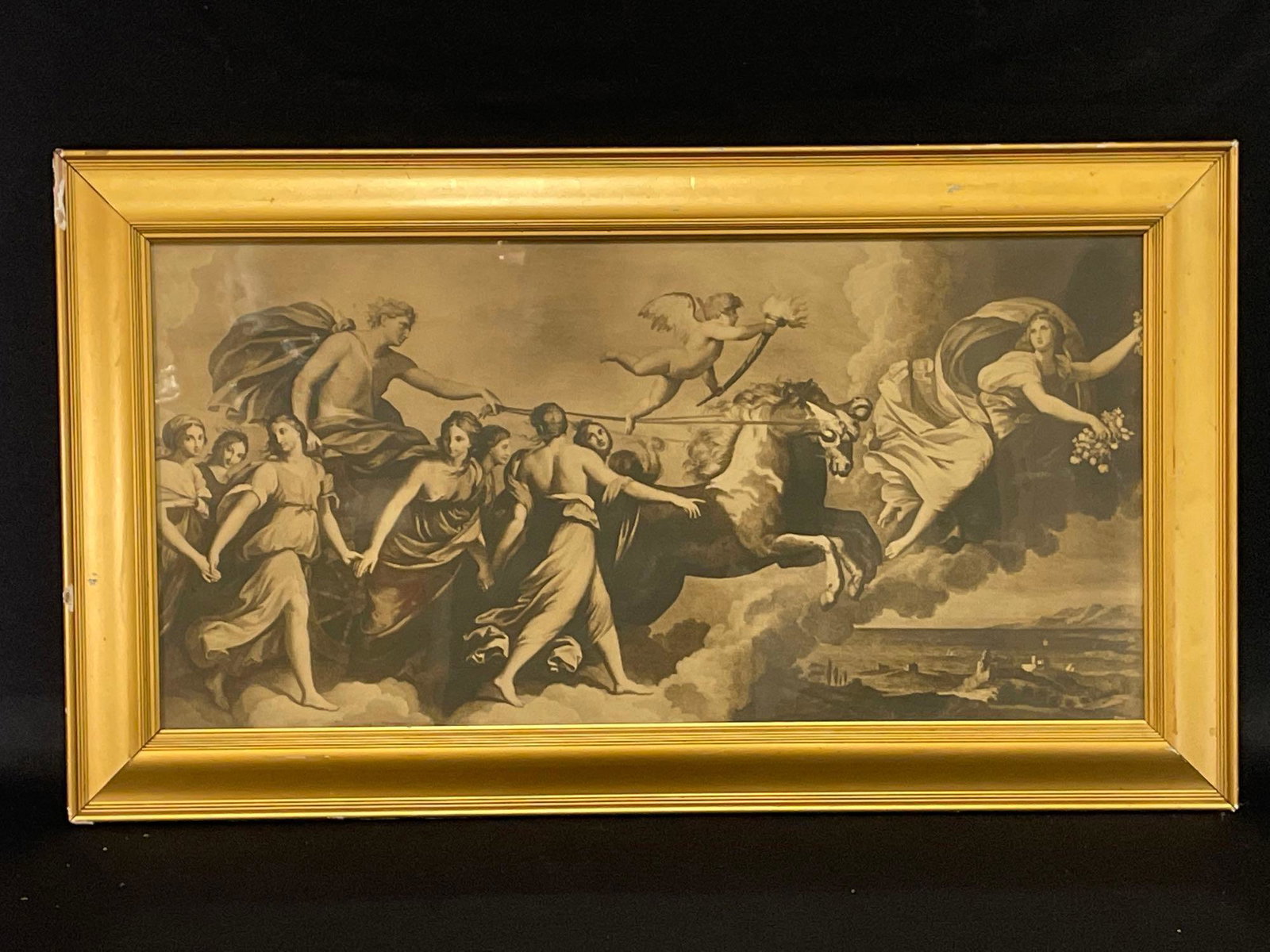 Guido Reni, "Aurora" Framed Etching, #3505 LR: Sight View 14" x 27-1/2", Overall View 19' x 32-3/4", Frame Has Several Chips In Gesso,