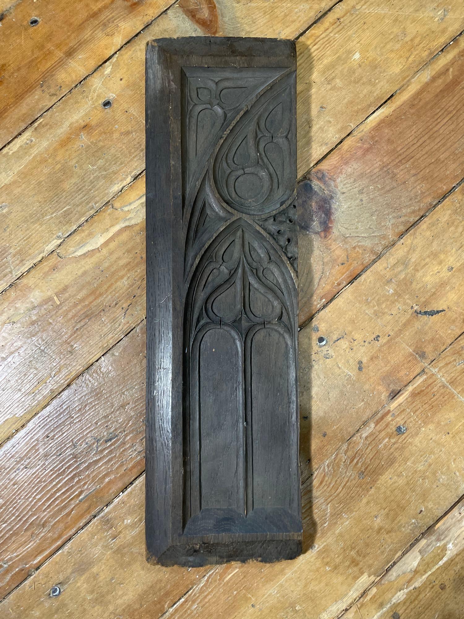 16th C. English Hand Carved Gothic Tracery Oak Panel 24" x 7" (1 of 2)
