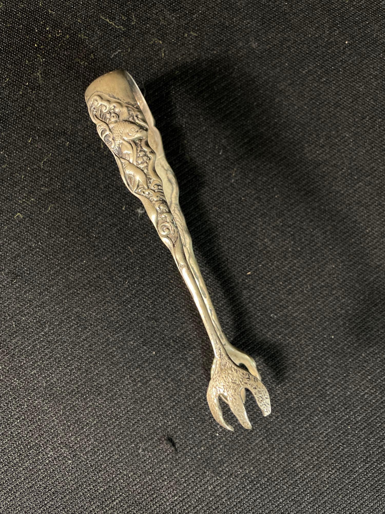 Gorham Sugar Tongs w/ Koi Fish Decor: Tip Of One Tine Has Been Broke, .89 Ozt