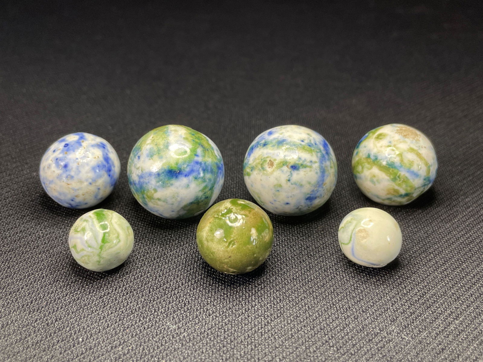 (7) "Fancy Clay" Bennington-Type Marbles: Excellent Condition, Sizes Average 1/2" - 1".