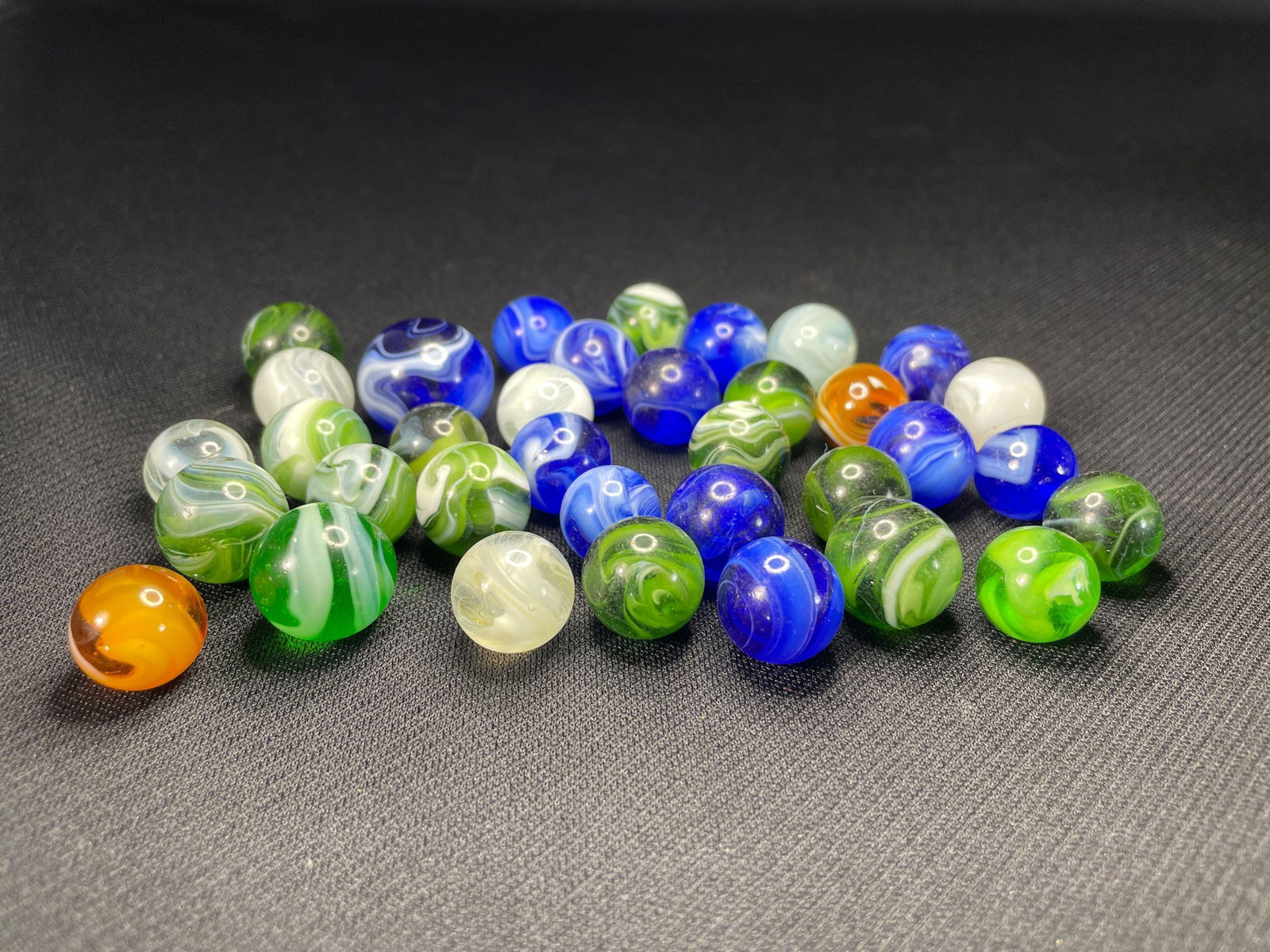 (30) Assorted Slag Marbles Some M.F. Christianson, Largest is Blue 7/8" Dia. (1 of 1)
