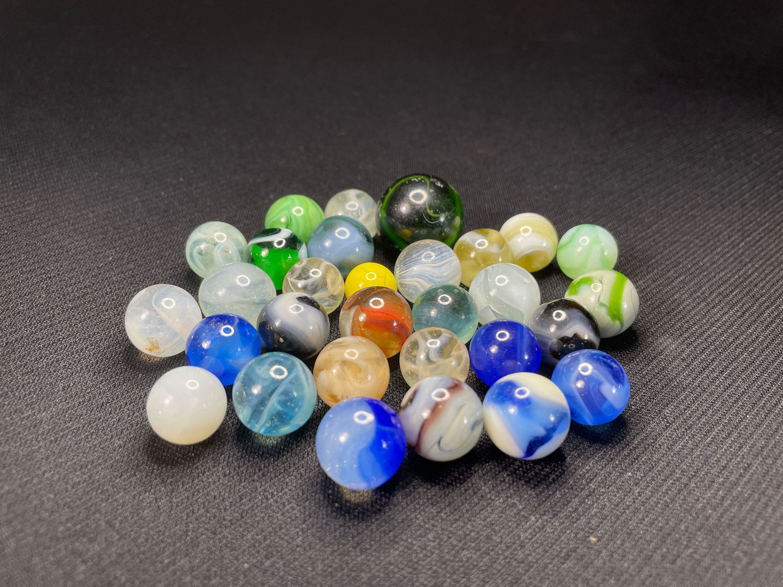 (30) Assorted Marbles, Largest XX, Pocket Wear and Some Damage, Smallest 7/16 inch and Largest 3/4: ...