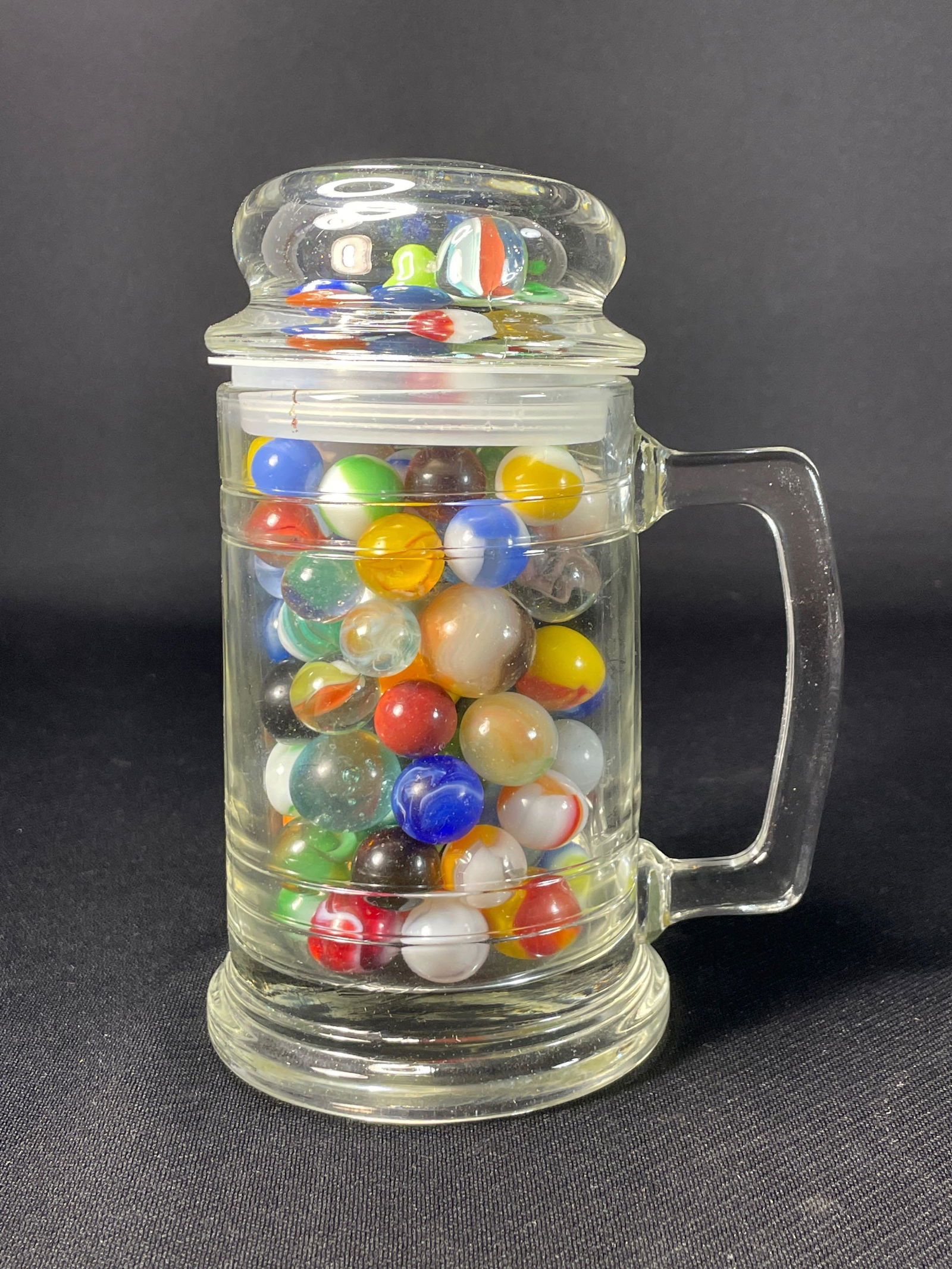 Approx. 1-1/2 LB. of Assorted Marbles in Clear Glass Lidded Stein-like Jar (1 of 1)