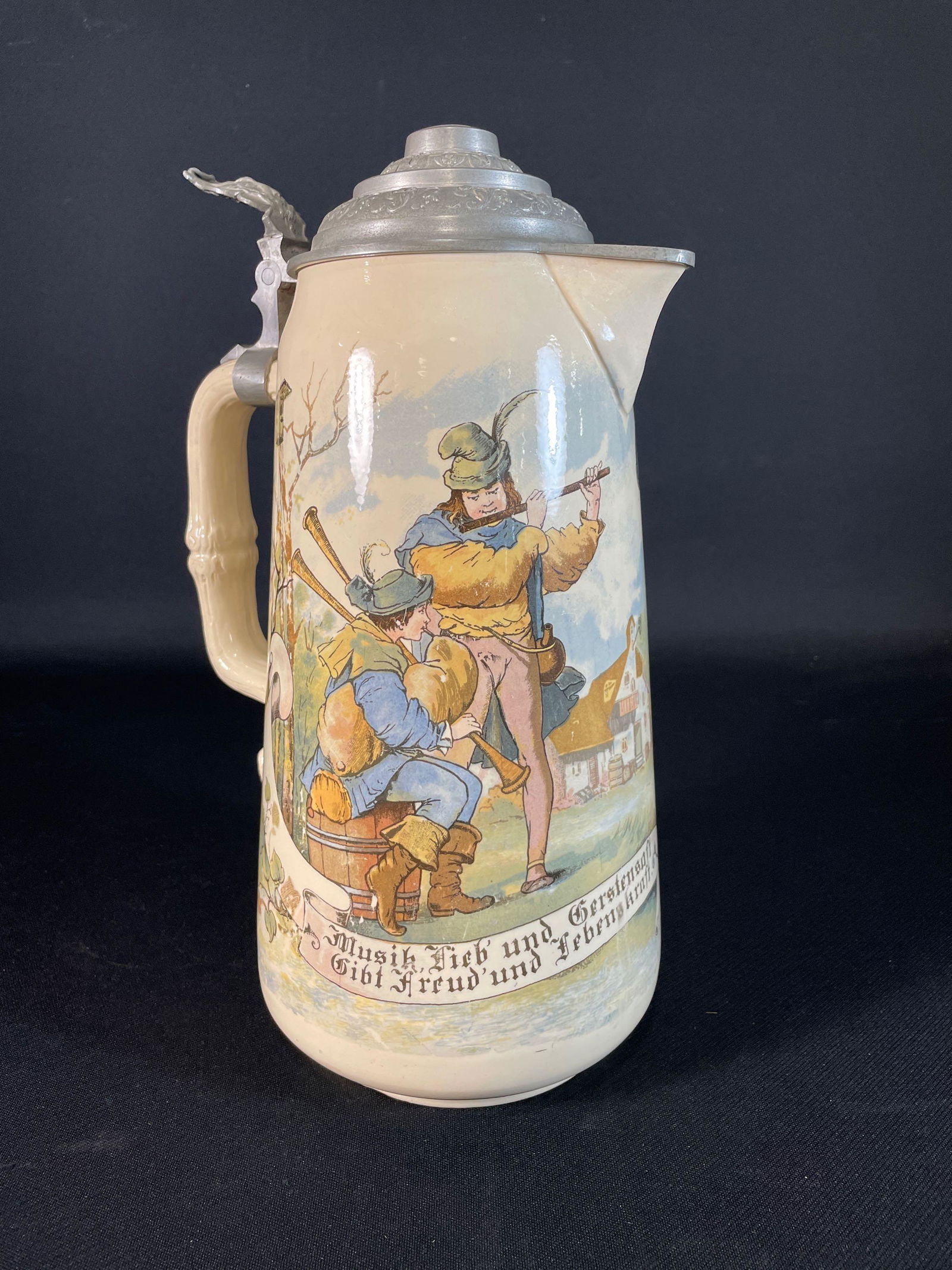 German Geschutzt Beer Stein w/ Pewter Lid (13-1/2" Tall) (1 of 6)