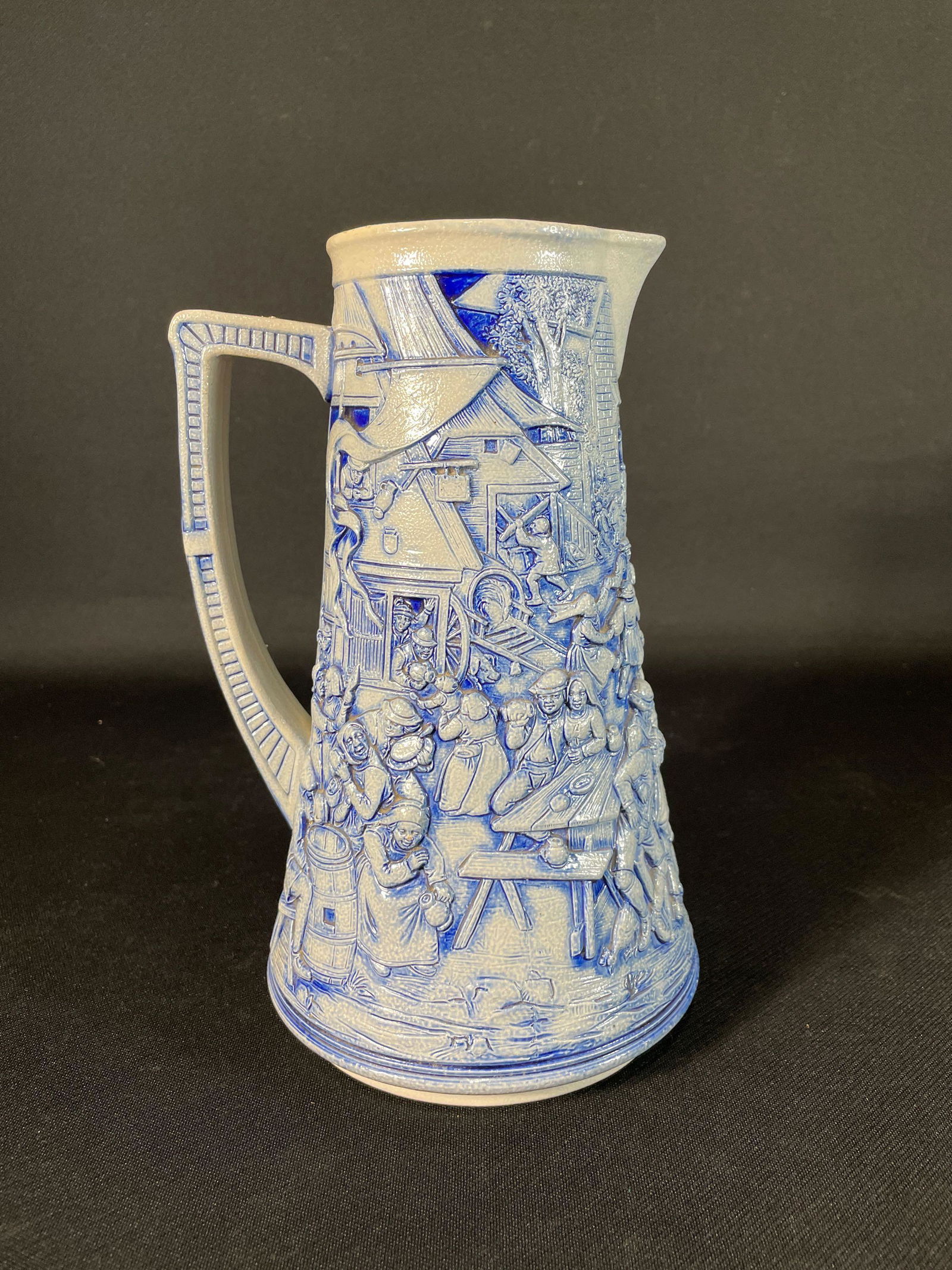 S.P. Gerz, German Cobalt Blue Salt Glazed Beer Pitcher I Relief 9-1/2' Tall No. 1493 (1 of 4)