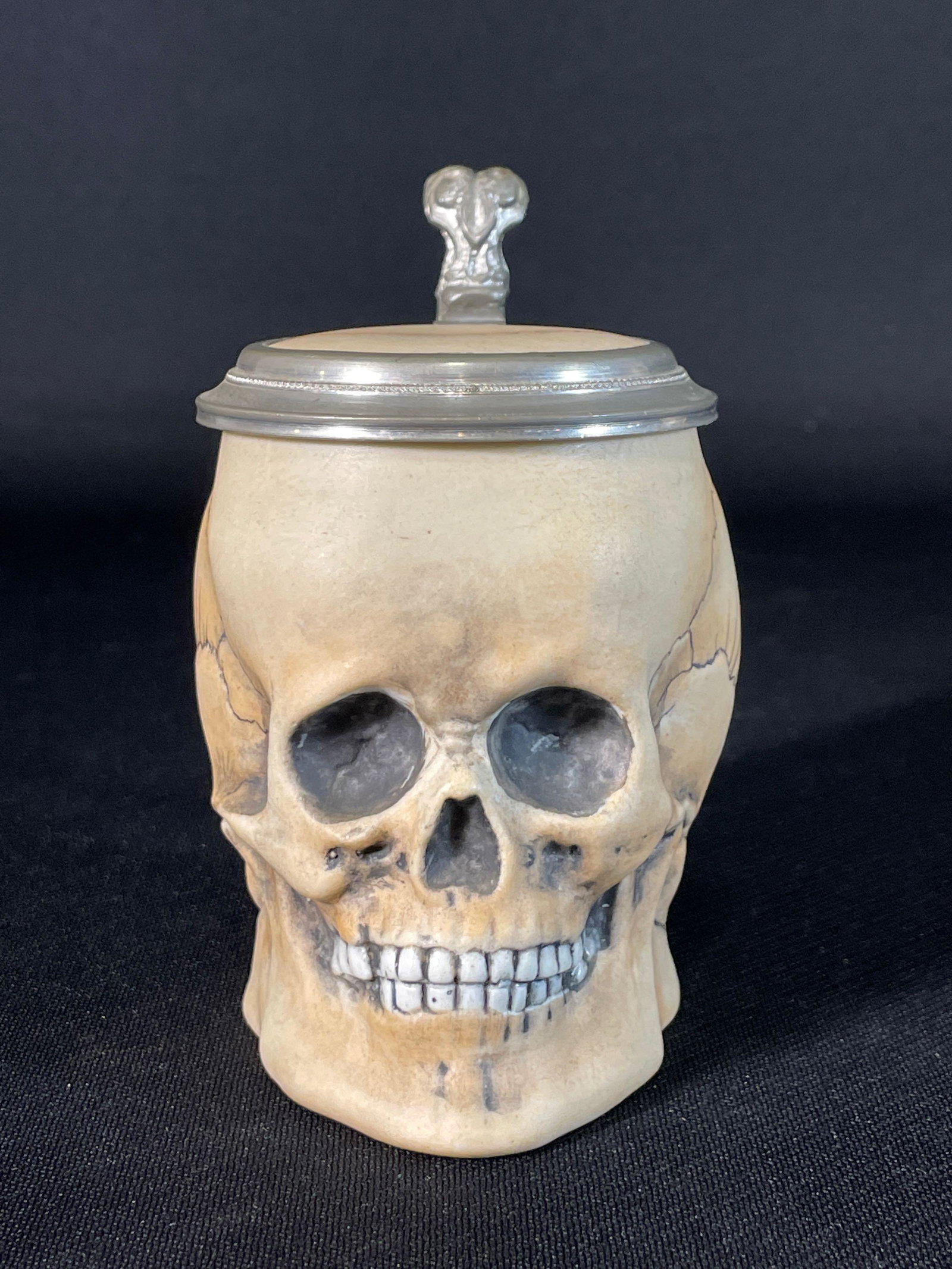 Lidded Glazed Hard Paste Porcelain Skull Stein: ...