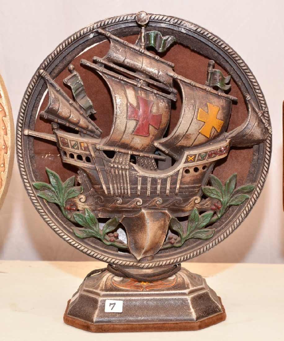"JODRA MFG. CO. INC." RADIO SPEAKER, "THE ENCHANTER : "JODRA MFG. CO. INC." RADIO SPEAKER, "THE ENCHANTER TRADE MARK REG. SEATTLE, U.S.A." CAST METAL W/ GALLEON SHIP MOTIF, 13"DIA X 16"H
