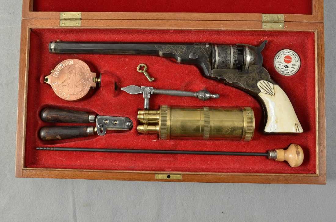 COLT BLACK POWDER ARMS COPY OF 1842 COLT PATERSON : COLT BLACK POWDER ARMS COPY OF 1842 COLT PATERSON HOLSTER MODEL, MADE IN ITALY UNDER LICENSE FROM COLT, NO LONGER IN BUSINESS, ENGRAVED, WOODEN PRESENTATION BOX WITH BULLET MOLD, LOADING TOOL & POWDER