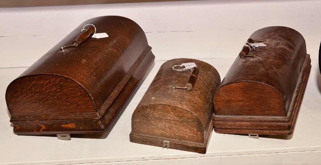 3 WOOD LIDS FOR CYLINDER PHONOGRAPHS, LARGEST 16"W: 3 WOOD LIDS FOR CYLINDER PHONOGRAPHS, LARGEST 16"W, INTERIOR LABEL W/ INSTRUCTIONS FOR CHANGING REPRODUCERS ON EDISON TYPE D PHONOGRAPHS, INCL TRIUMPH & BALMORAL