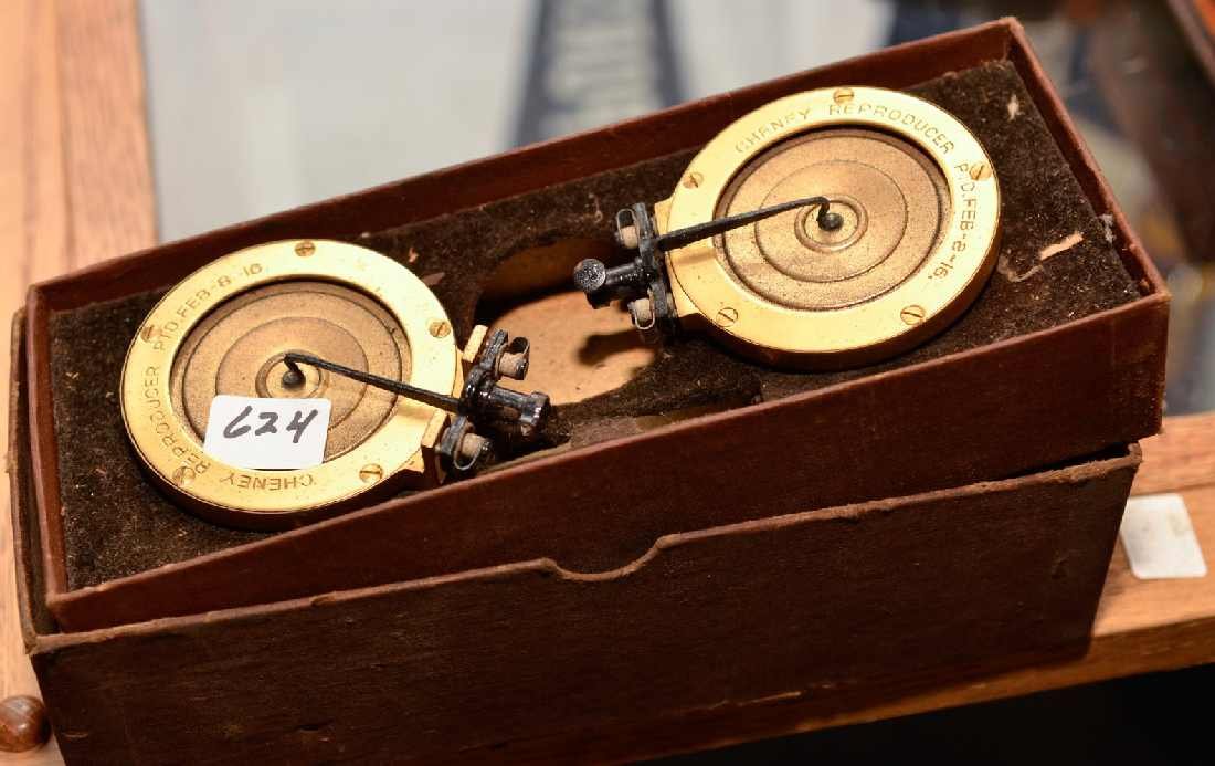 2 CHENEY PHONOGRAPH REPRODUCERS, EACH MARKED PTD. : 2 CHENEY PHONOGRAPH REPRODUCERS, EACH MARKED PTD. FEB-8-16, IN ORIGINAL BOX