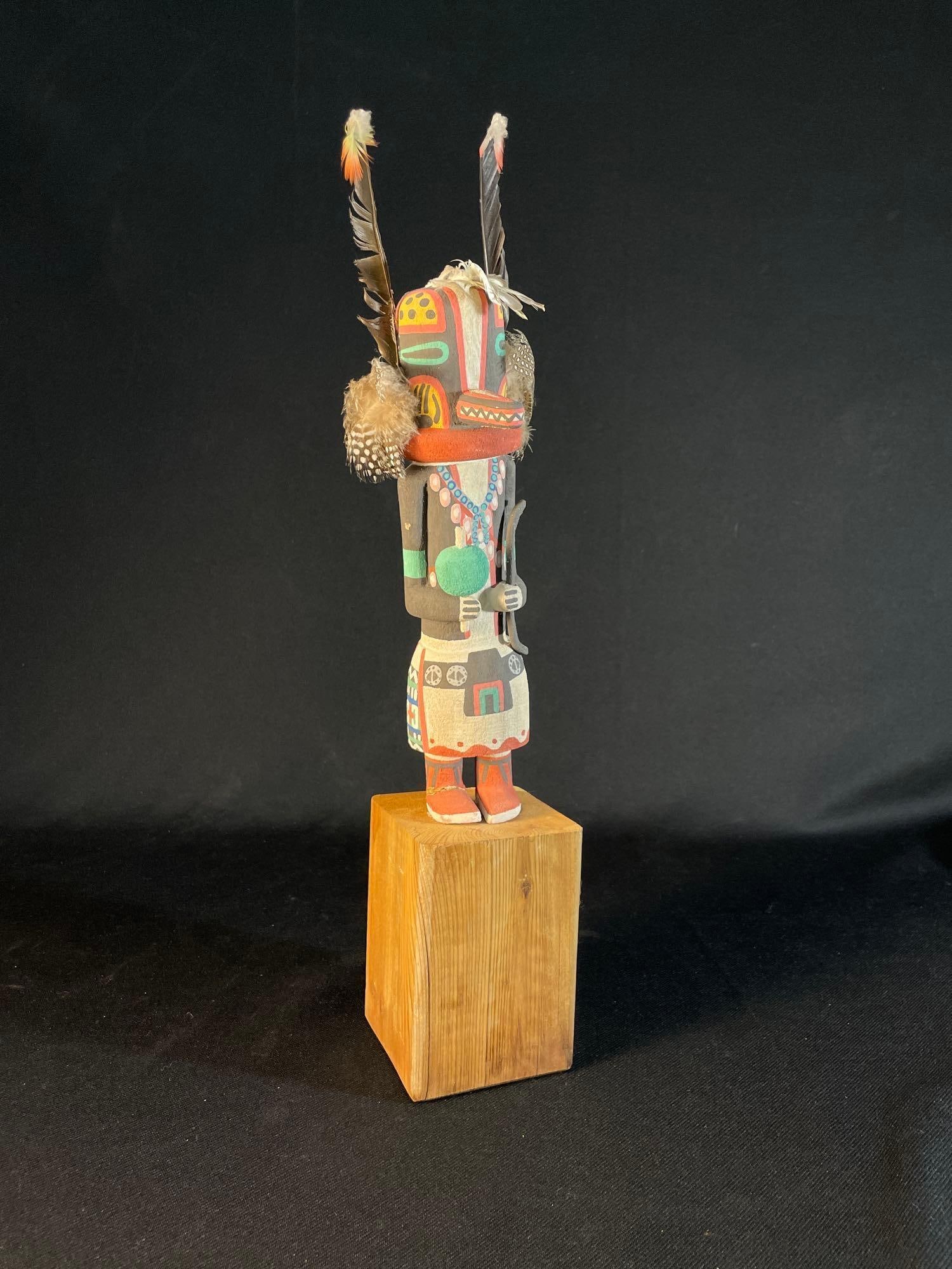 Hopi Kachina doll, also known as a Katsina doll, which is a carved figure representing a spirit: Right Foot Has Been Broken & Repaired 