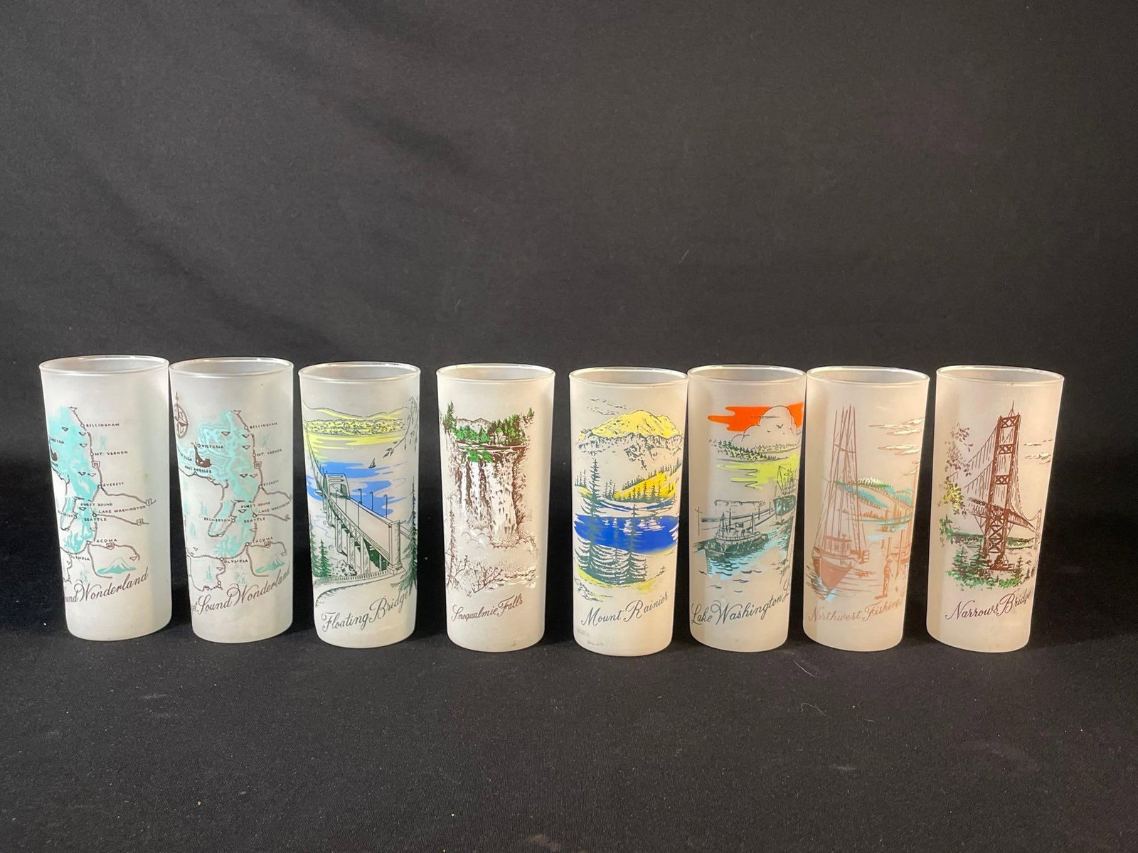 frosted highball glasses, Each glass features a different pnw scenescene: frosted highball glasses, Each glass features a different PNW scenes