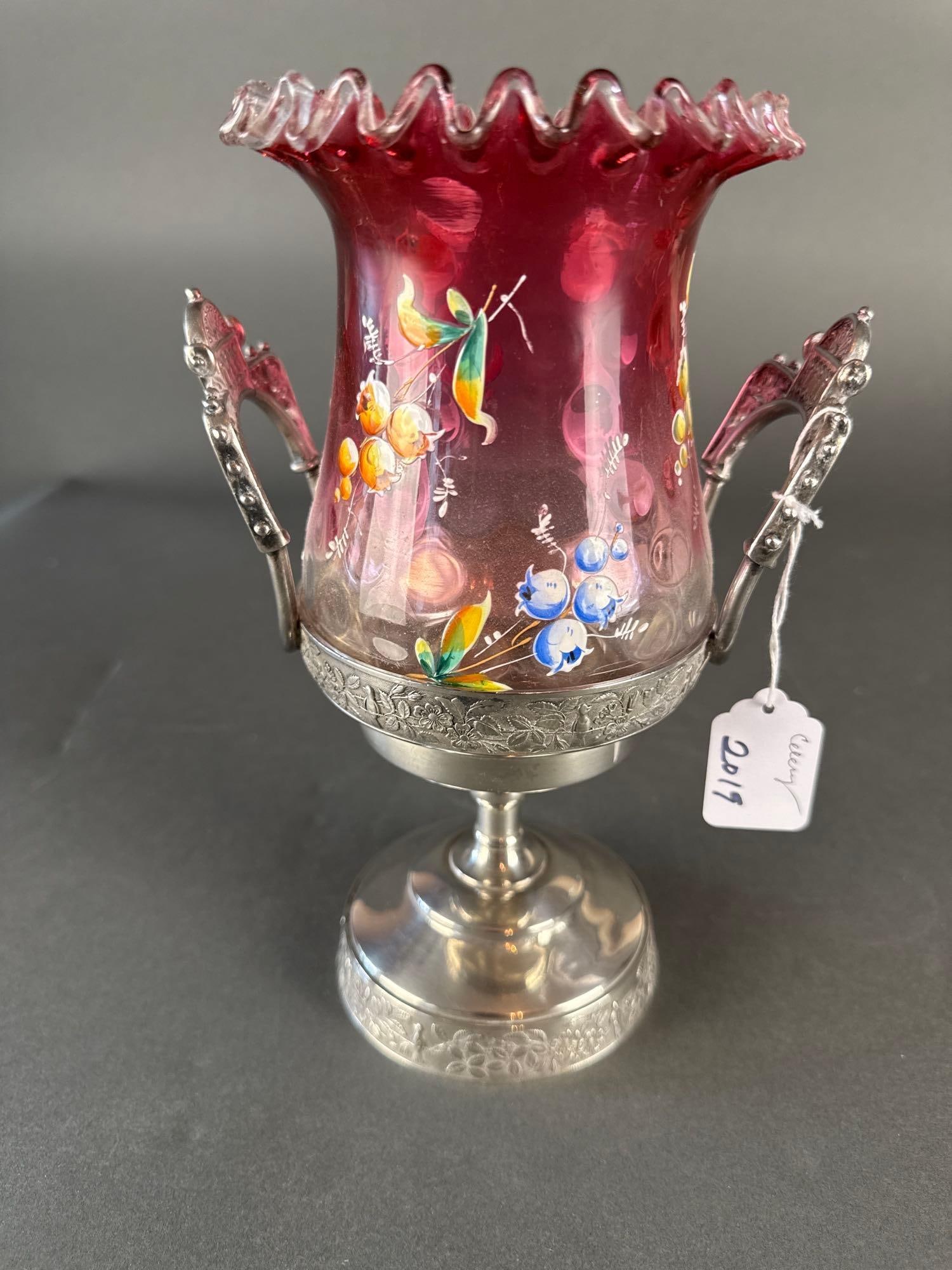 Cranberry Celery holder 1890s silver holder (1 of 4)