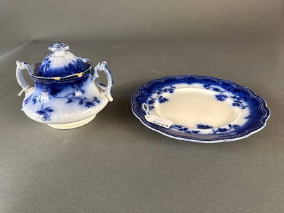 2 pieces Flow Blue St.Louis: 8-1/2" plate, 8" sugar bowl, plate small nick, sugar bowl several  Low Estimate: 20.00 High Estimate: 60.00