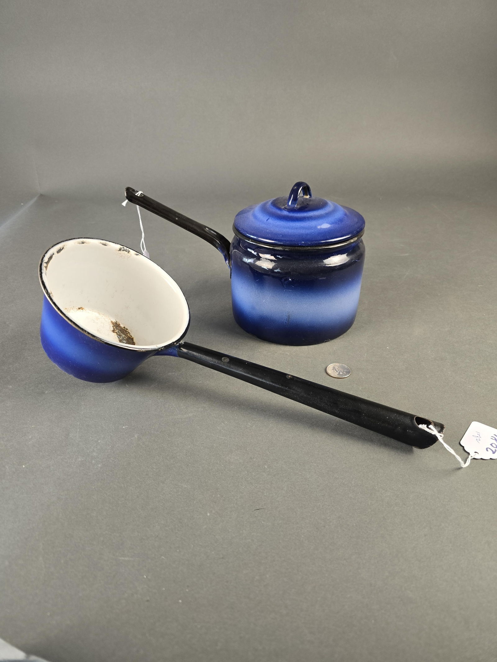 Blue banded sauce pan and water dipper (1 of 2)