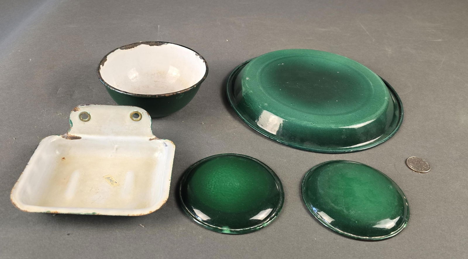 5 pieces early green banded granite ware (1 of 2)