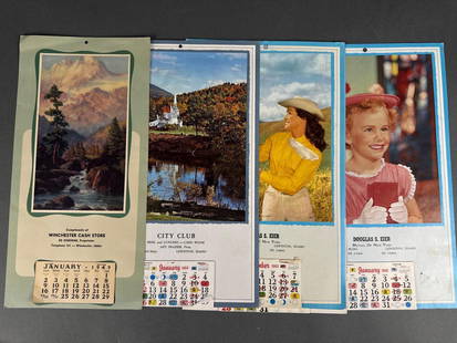 4 local advertising calendars City Club 1964, Douglas Eier insurance 1963: McPhersons Clarkston 1962, Winchester Cash Store 1949 Low Estimate: 5.00 High Estimate: 20.00