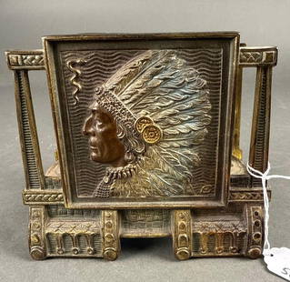 1890s art nouveau book holder. Native man with headdress: 6" bronze finest quality  Low Estimate: 60.00 High Estimate: 150.00