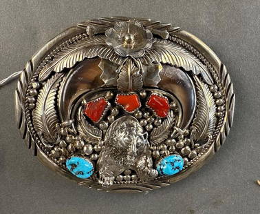 Native American Sterling Navajo belt buckle with Turq,coral and 2 bear claws signed D.N.: 4" long  Low Estimate: 150.00 High Estimate: 350.00