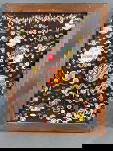 Large frame of early pinbacks many from the 1920s to 1940s: frame is 20" x 26" Low Estimate: 20.00High Estimate: 400.00
