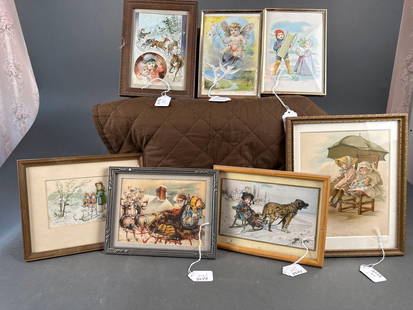 7 framed Victorian postcards and prints of winter scenes: largest 11" x 8" smallest 5" x 7"  Low Estimate: 15.00 High Estimate: 20.00
