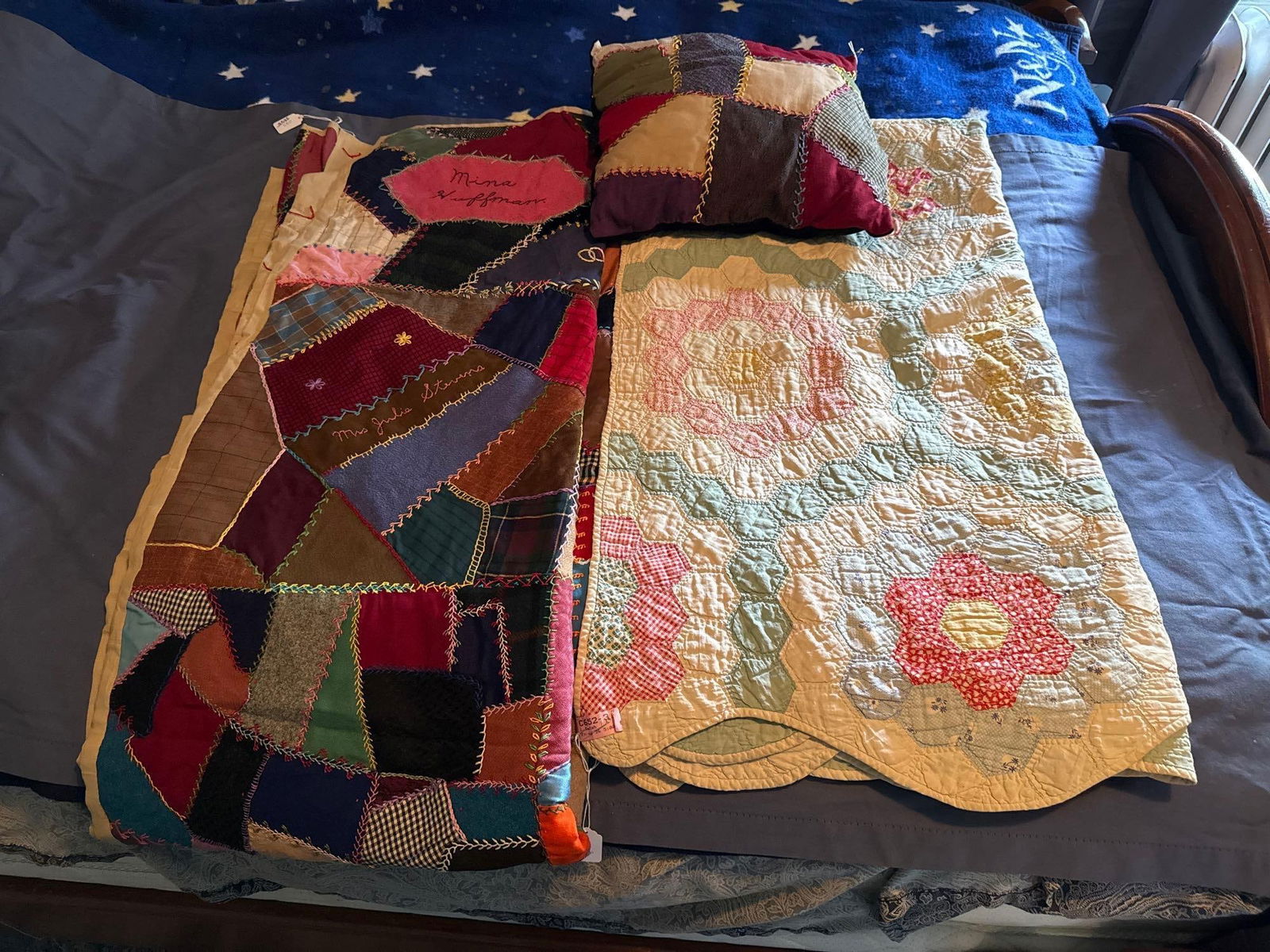 2 quilts, early local patwork with autographs and matching pillow 1928 (1 of 4)