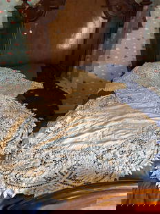 2 crocheted lace table cloth, Battenberg lace cloth for round table: 5 foot by 4 foot, Battenberg is 48" circumference  Low Estimate: 20.00 High Estimate: 40.00