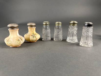 3 sets of salt and pepper, 1 cut, 1 embossed, 1 Victorian art glass: 3 sets of salt and pepper, 1 cut, 1 embossed, 1 Victorian art glass  Low Estimate: 15.00 High Estimate: 40.00